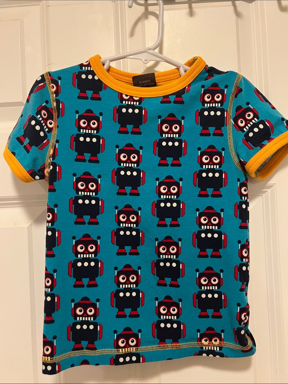 Maxomorra Teal Robot Short Sleeve Tee with Yellow Trim